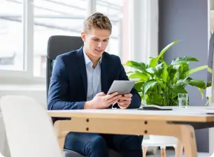 Homem de terno trabalhando em um escritório com tablet e planta ao fundo.